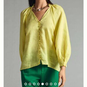 Anthropologie Maeve The Audie Linen Puff-Sleeve Blouse Size Small Yellow Button